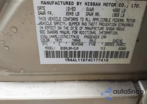 2004 Nissan Altima 2.5 S z USA, uszkodzony, nr VIN 1N4AL11D74C177416